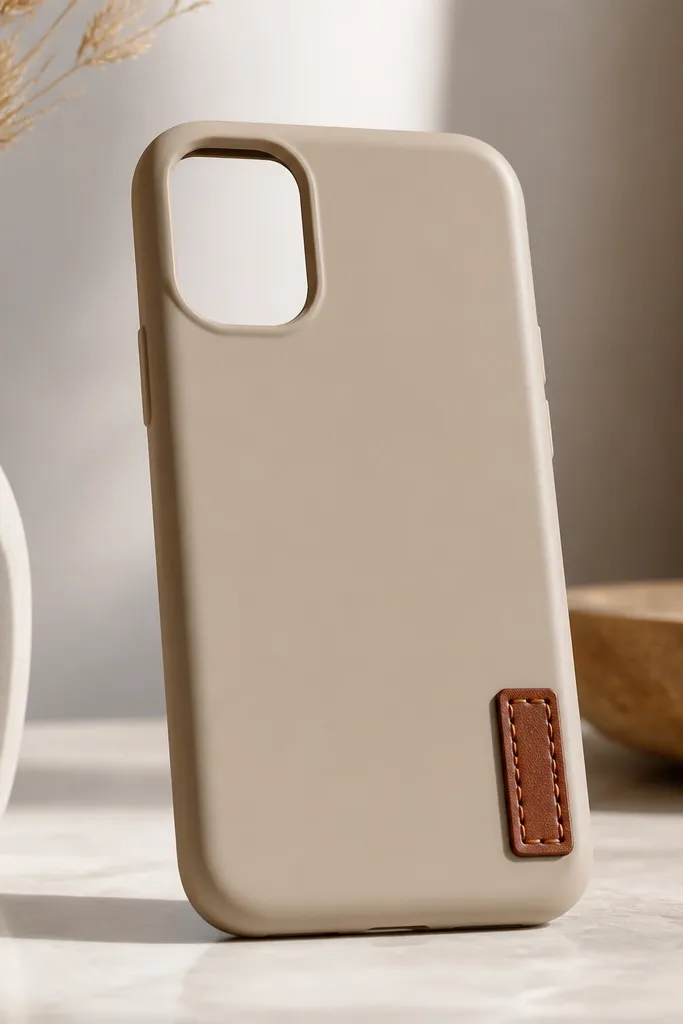 A beige TPU case with a small rectangular faux leather tab near the bottom right. The tab has drawn "stitching" lines in dark brown and a glossy finish.