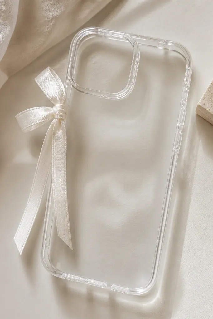 A clear TPU case with a small fabric ribbon bow attached along the left edge. The bow has two thin tails, and the rest of the case is clean and transparent.