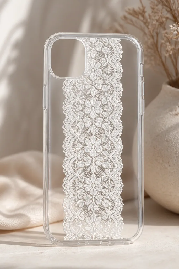 A white lace strip panel centered on a clear TPU case. The lace looks delicate, with a neat border and glossy clear coat that makes it smooth.