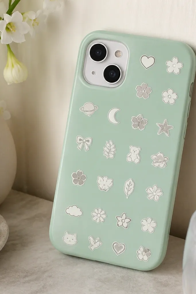 A mint green phone case covered with small white and light gray stickers arranged in a neat grid. A glossy top coat smooths everything, and the camera cutout remains clear.