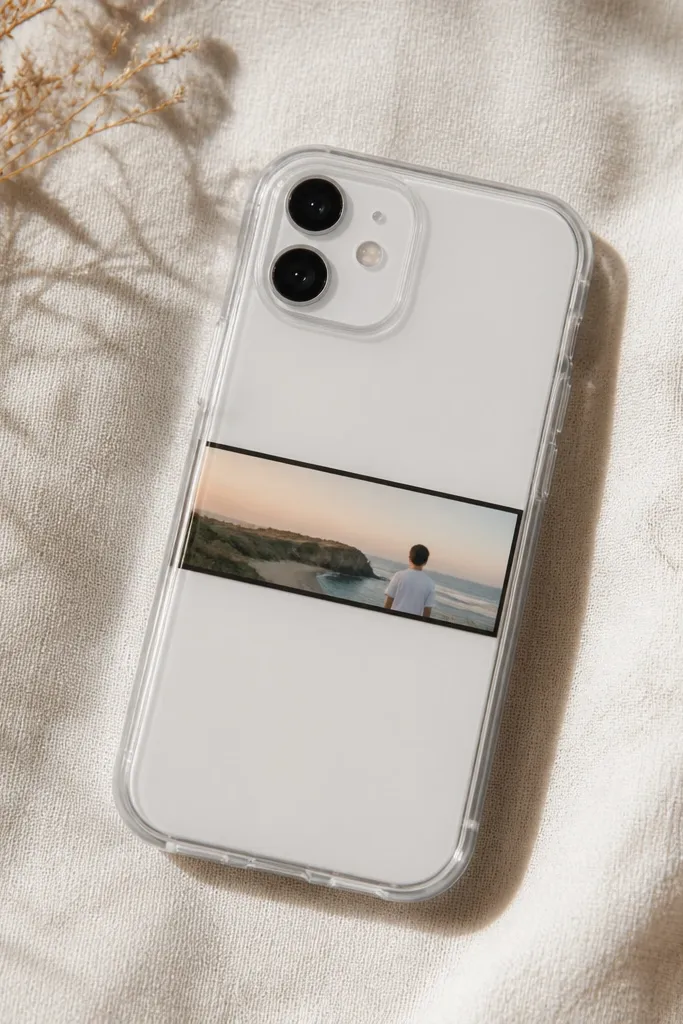 A clear TPU case with a narrow horizontal photo strip across the middle. The strip is framed by a thin black vinyl border and sealed under a glossy layer.