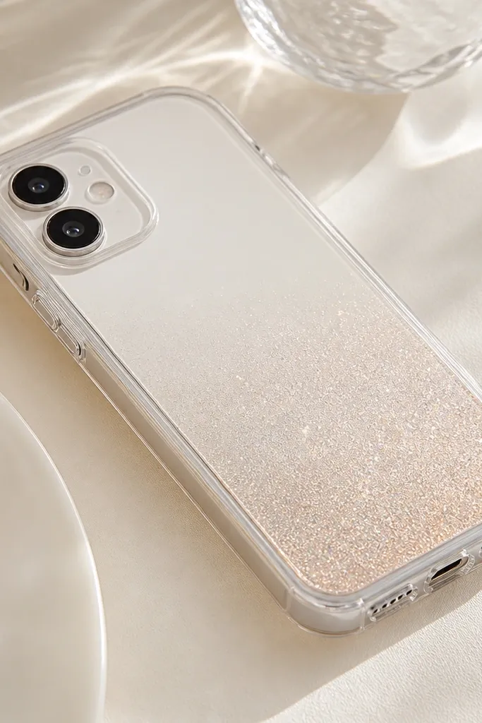 A clear or pale case with a soft sparkle gradient from the bottom corner upward. The shimmer fades smoothly, and the top coat is glossy and even.