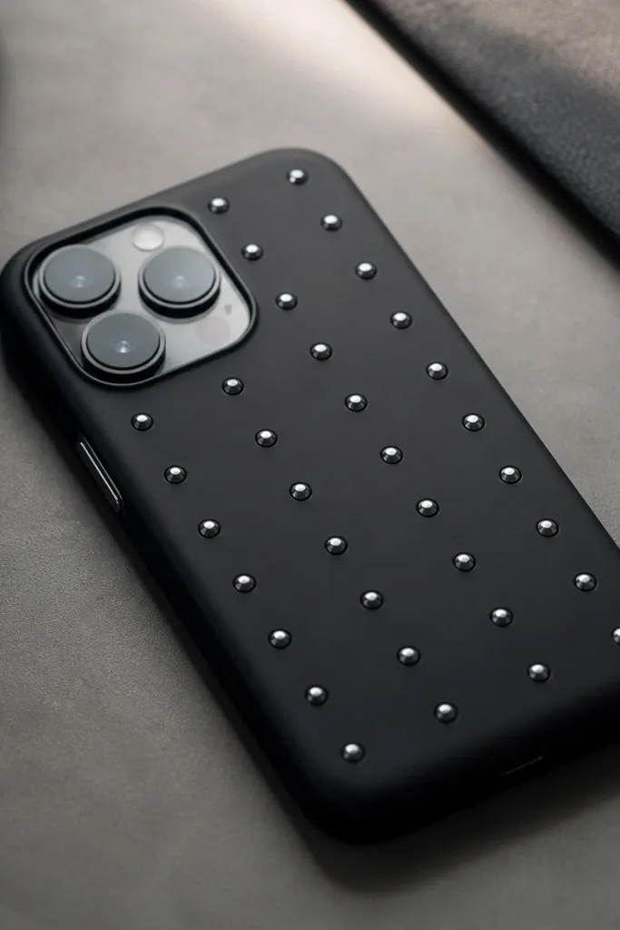 A matte black case with a pattern of small metallic circles arranged like rivets. The circles look raised slightly under glossy coating.