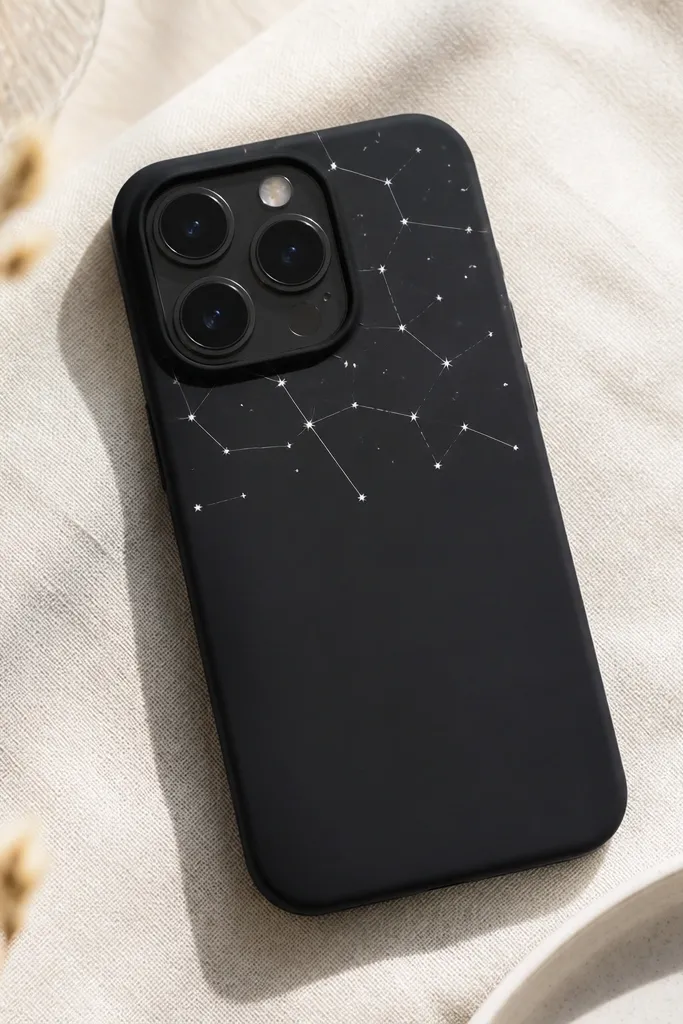 A black case with small white star dots connected by thin vinyl lines. The pattern sits in the upper half and leaves the camera area clear.