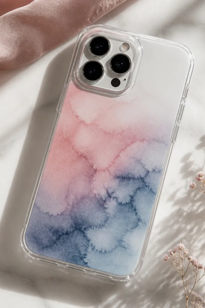 A clear case with a soft watercolor wash in dusty rose and dusty blue, fading toward the edges. The finish is glossy with no streaky hard lines.
