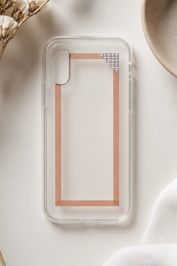 A clear TPU case with a clean washi tape rectangle framing the center. One corner has a small patterned tape triangle, and the rest is plain.