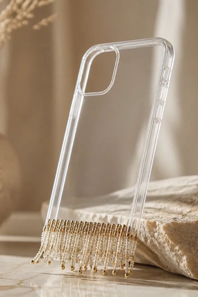 A TPU case with a short fringe strip made of tiny beads attached at the bottom edge. The beads hang down slightly and sway, with the camera area left clear.