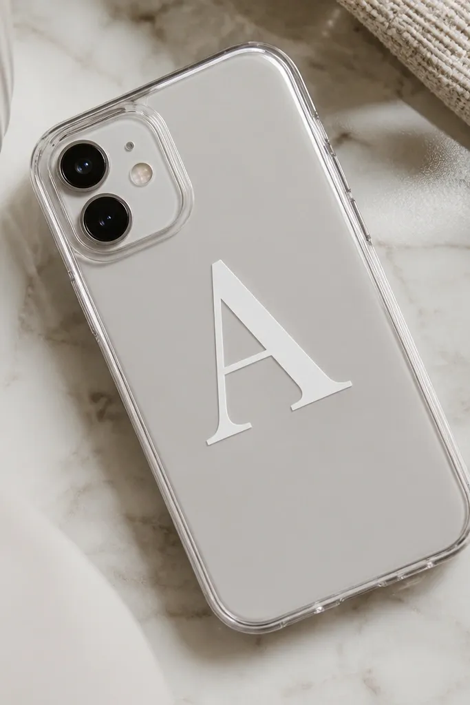 A clear TPU case with a single large monogram letter in glossy white acrylic paint centered above the camera. The paint has crisp edges and a smooth shine.