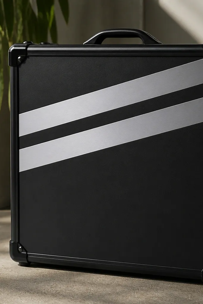 A matte black case with two diagonal silver tape stripes crossing the upper half. The stripes have clean edges and a smooth sealed finish.