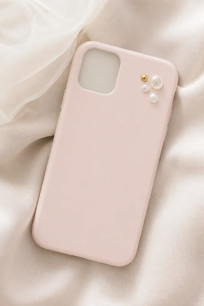 A light pink case with a small cluster of pearl beads and one tiny gold bead placed near the top right corner. Everything is sealed flat with no bumps.
