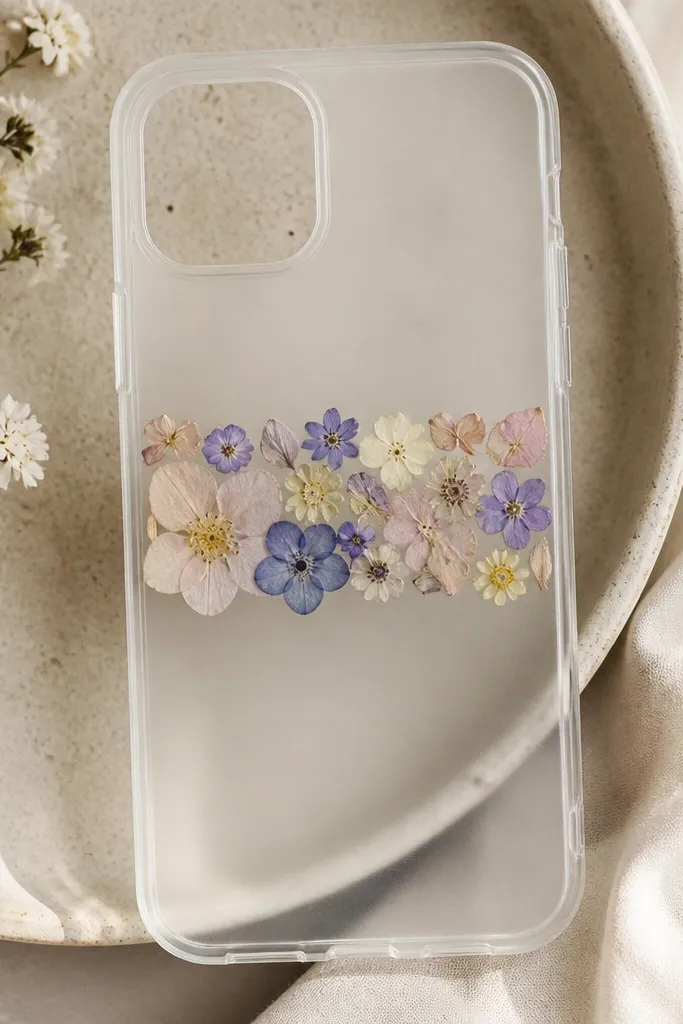 A clear TPU case with a horizontal strip of pressed flower petals across the middle. The finish is matte, so the petals look like paper-under-glass.
