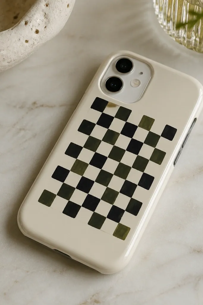 A cream case with a neat checker pattern made from small hand-painted squares in black and muted olive. The pattern is centered and sealed glossy.