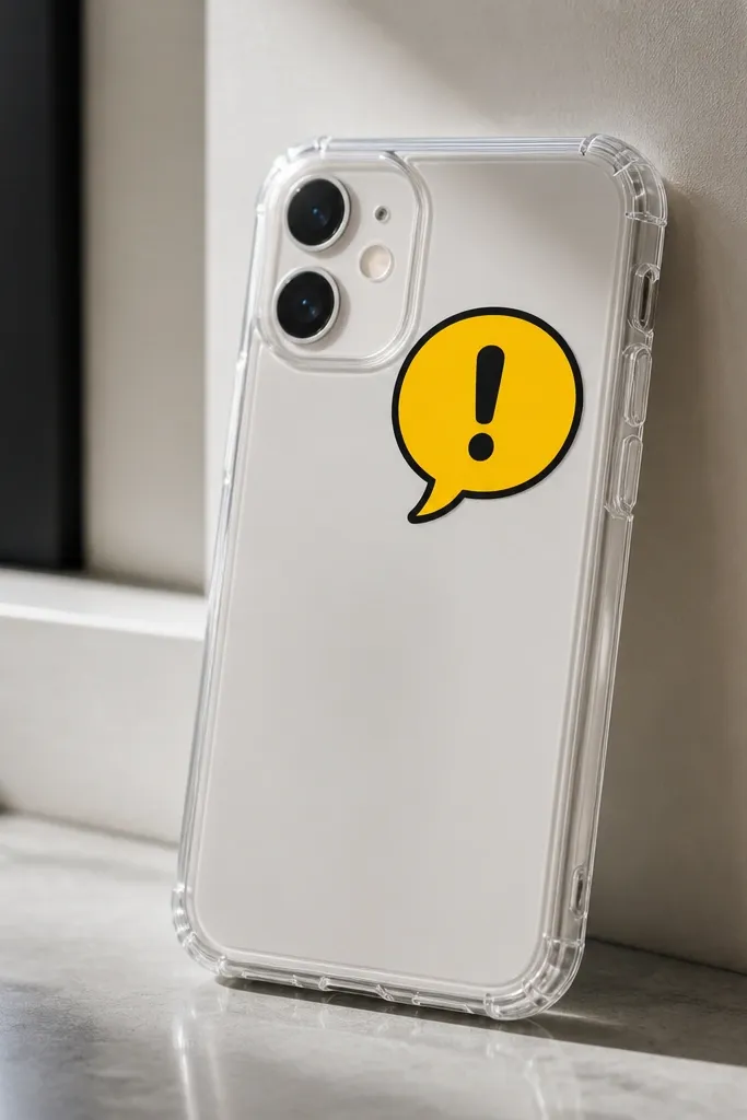 A clear TPU case with a bold yellow speech bubble near the top, outlined in black vinyl. A tiny black "!" sits inside, and the camera area stays clear.