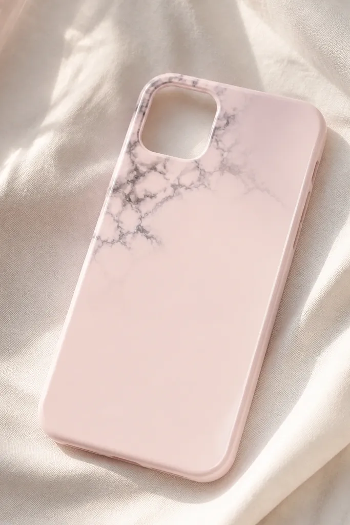 A pale pink case with a faux marble effect only in the top left corner. The corner has gray veining and a glossy finish, while the rest is plain.