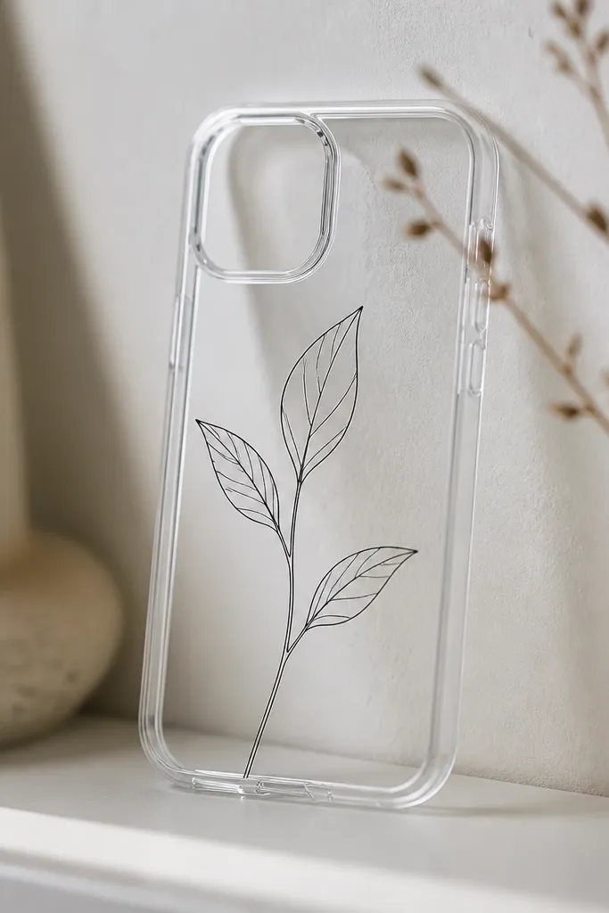 A clear case with a thin black line drawing of a plant stem and a few leaves. The lines look like a fine pen, sealed glossy.