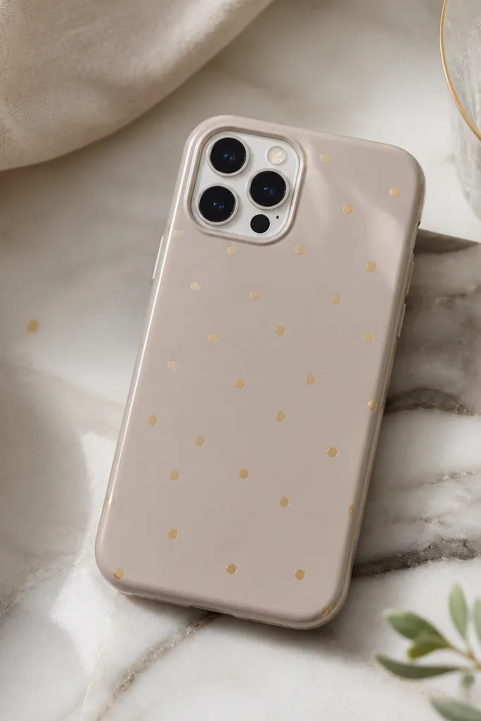 A light taupe case with small gold foil tape dots scattered across the back. The dots are sealed under a glossy top coat so they feel smooth.