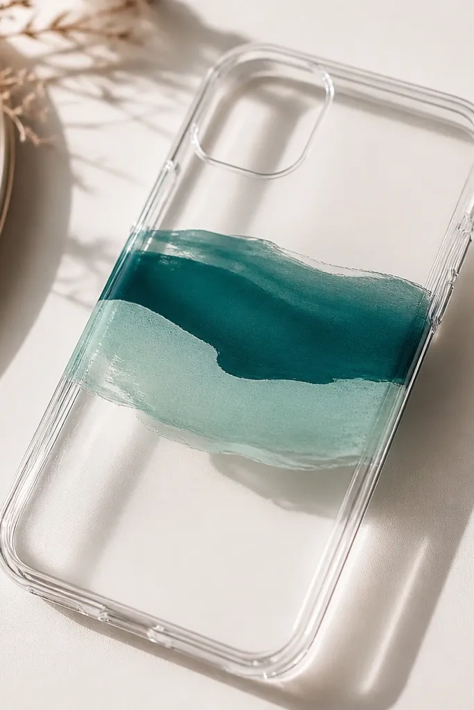A clear case with a horizontal abstract band made of two brushstroke colors: deep teal and muted aqua. The band has soft edges and a glossy finish.
