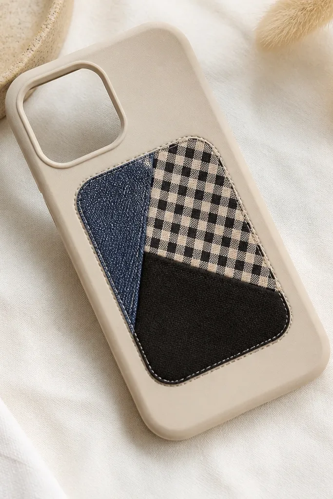 A light beige case with a small patchwork panel made from three fabric scraps: denim, gingham, and black cotton. The patchwork is sealed and looks smooth.