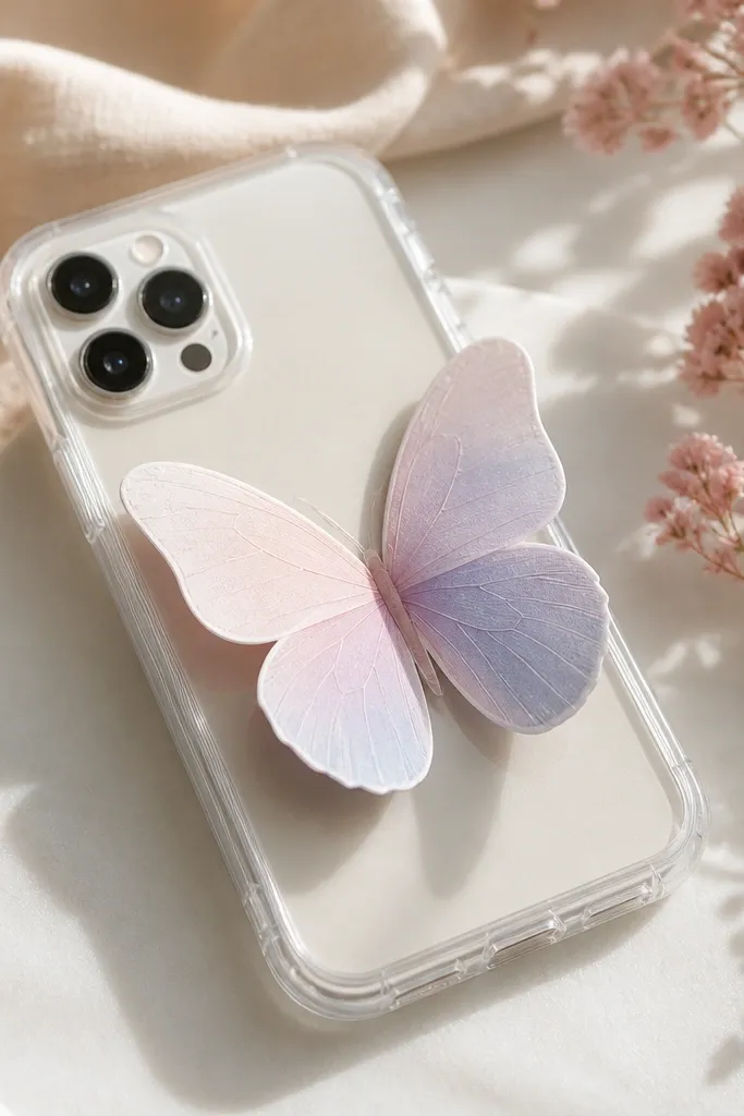 A pastel butterfly silhouette layered over a clear case. The wings show a slight lift like a paper hinge, and the camera area remains unobstructed.