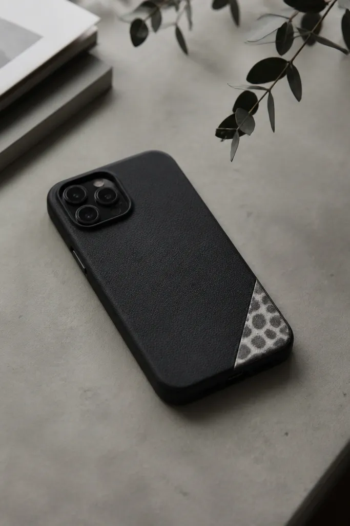 A black case with a small corner patch of monochrome animal print in gray and white. The patch is sealed smooth and sits away from the camera.