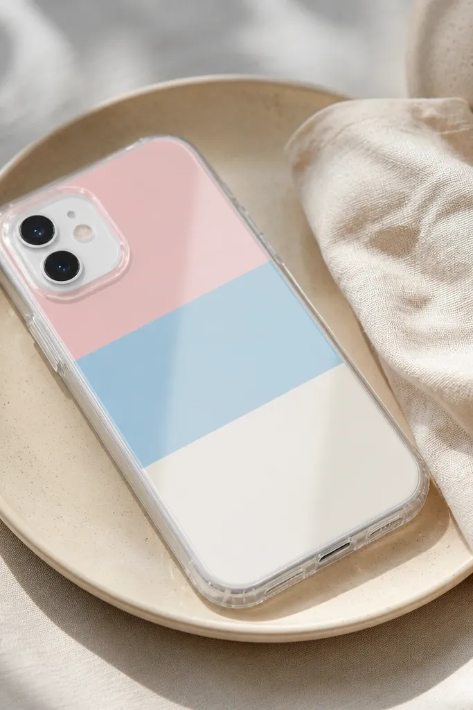A clear case painted with three crisp color blocks: blush pink, sky blue, and cream. The stripes have sharp tape edges and a glossy finish.