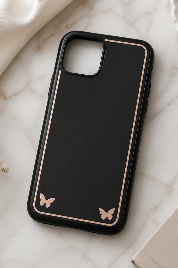 A black TPU phone case with a thin rose-gold rectangular border made of vinyl lines. Small rose-gold butterfly silhouettes sit near the bottom corners, crisp and centered, with a glossy clear finish.