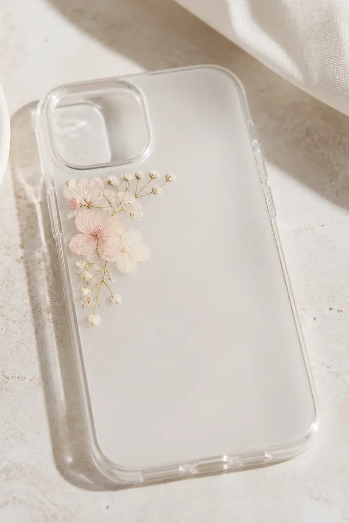 A clear phone case with a small cluster of pressed white and pale pink flowers placed in the top-left corner. The rest of the case is matte, and the flowers look flat and crisp under a non-gloss finish.