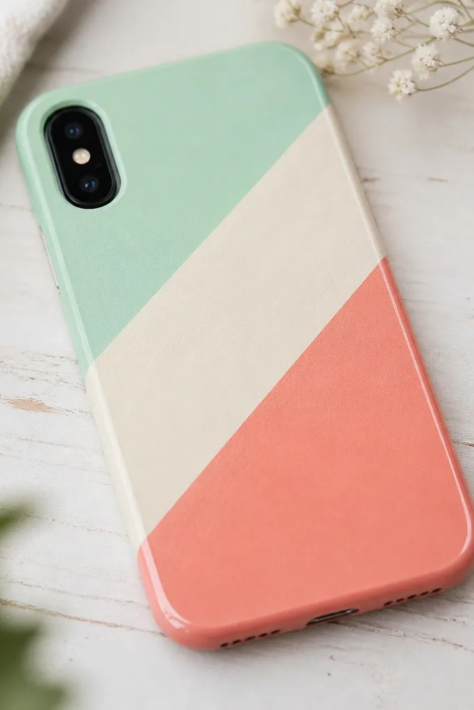 A pastel phone case with three diagonal stripes in mint, cream, and coral made from layered washi tape. The edges look sealed and slightly glossy, with a neat diagonal alignment.