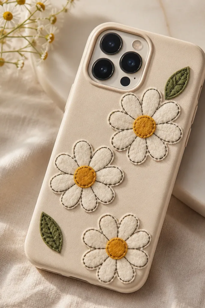 A light beige phone case with three felt daisies in white and yellow. A thin black outline around each daisy looks like stitching, and small green felt leaves sit at the edges.