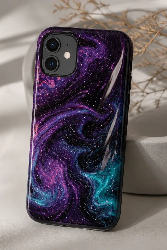 A dark purple and black phone case with swirling gradients in teal and magenta, like a mini galaxy. The ink looks marbled, and the surface has a glossy finish.