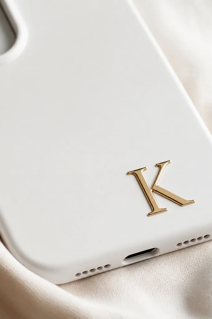 A white phone case corner with a single metallic gold monogram letter. The lines are crisp, slightly raised-looking, and the rest of the case is clean and minimal.