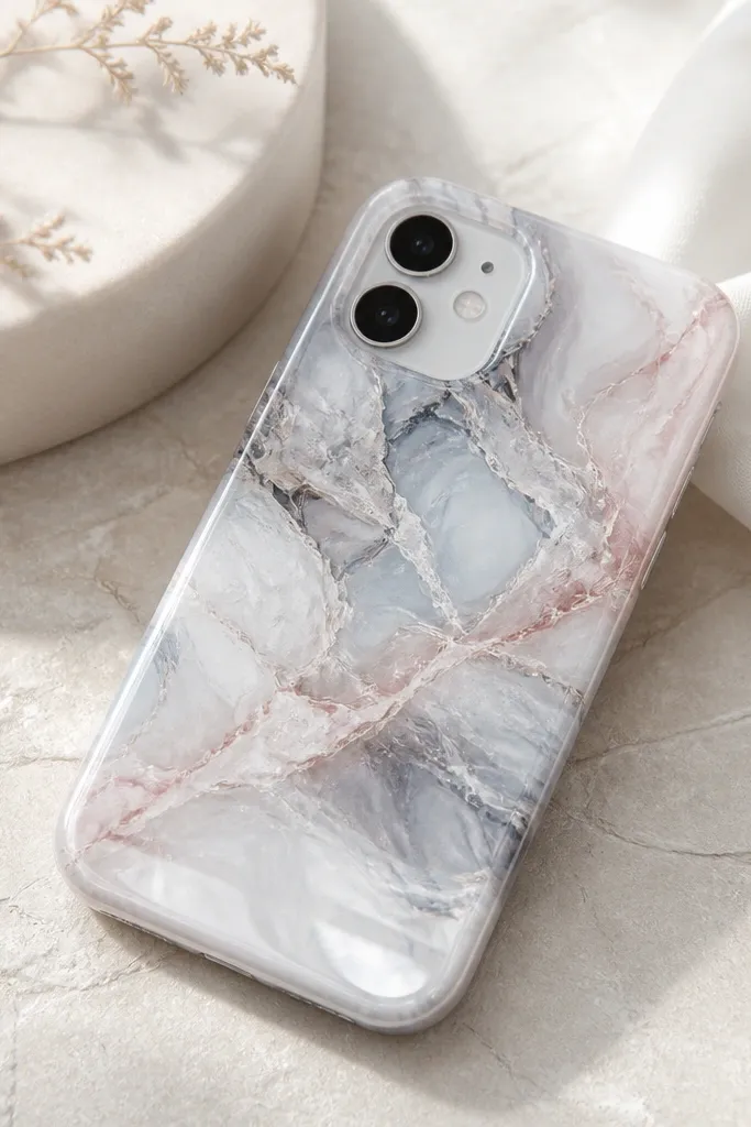 A clear-to-white marbled effect phone case with swirls of gray, soft blue, and a hint of rose. It looks glossy like polished stone.
