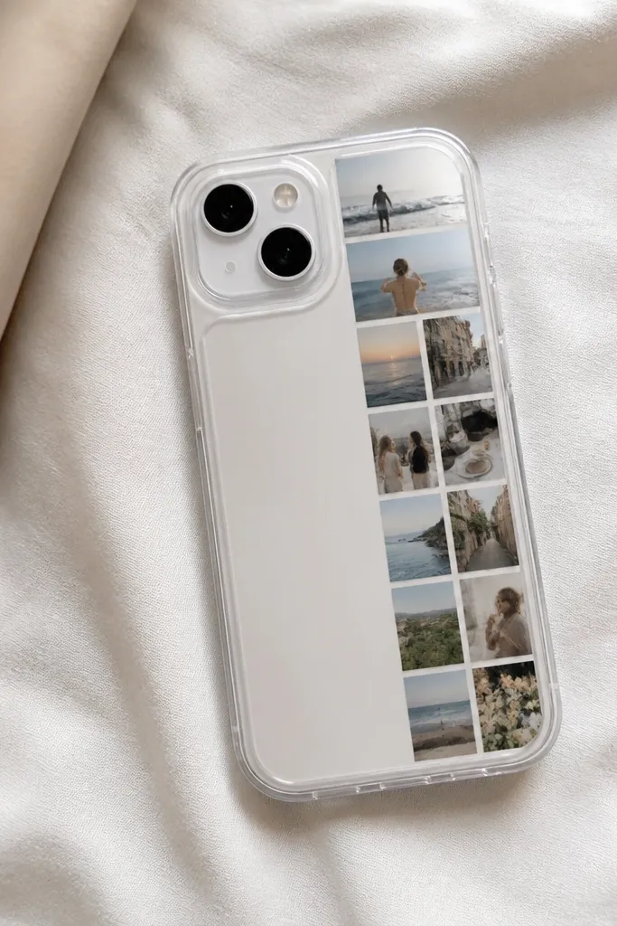 A transparent phone case with a vertical strip of tiny photos in a grid, each photo separated by thin gaps. The final finish is glossy, and the photos align neatly.