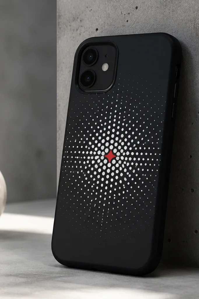 A black phone case with a white halftone dot burst behind a small red accent shape. The dots look evenly spaced and the finish is matte with a slight sheen.