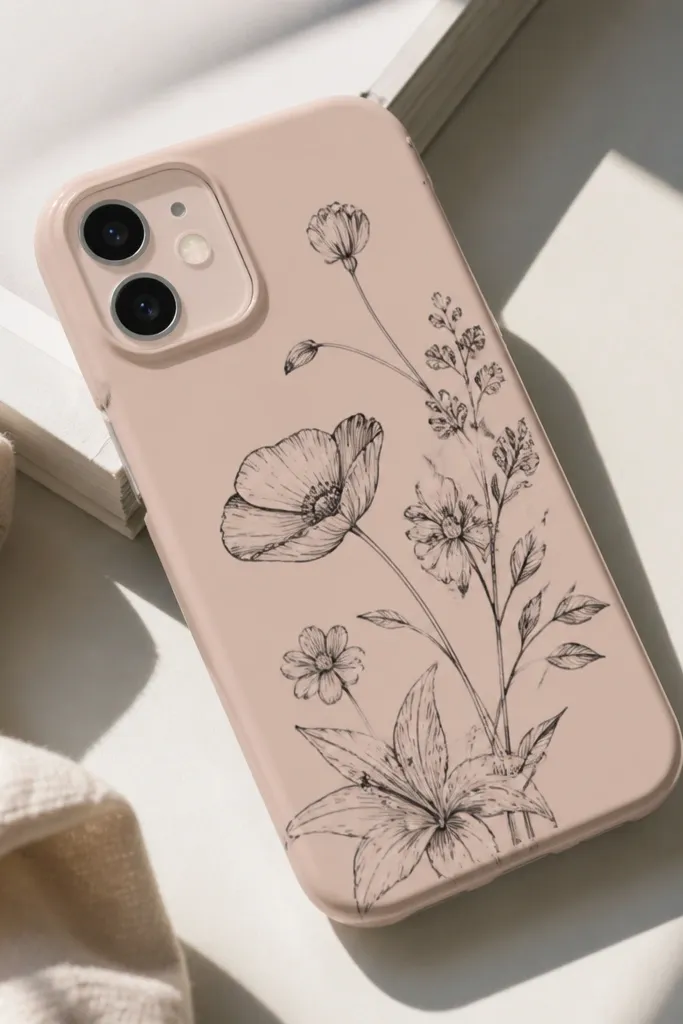 A nude-pink phone case with thin black tattoo-style flowers and small script lines. The lines look like ink and are sealed under a glossy clear layer.