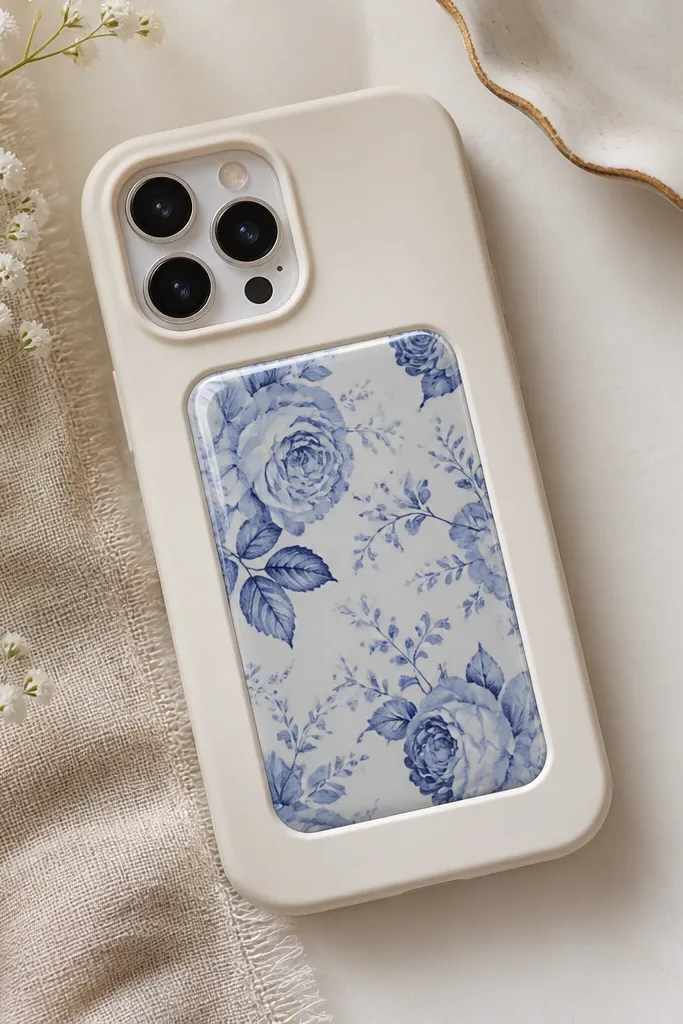 A phone case with a rectangular window on the back showing patterned scrapbook paper in blue and white florals. The window has a smooth, domed clear finish like a sticker under glass.