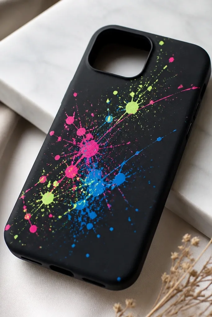 A black matte phone case with neon splatters in lime green, hot pink, and electric blue. The splatter pattern is controlled and the rest of the case is clean.