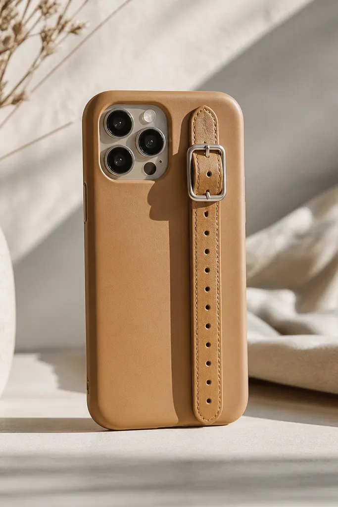 A tan phone case with a faux leather strap wrapped around the back. Small evenly spaced punch holes line the strap, and a tiny silver buckle sits near the top.