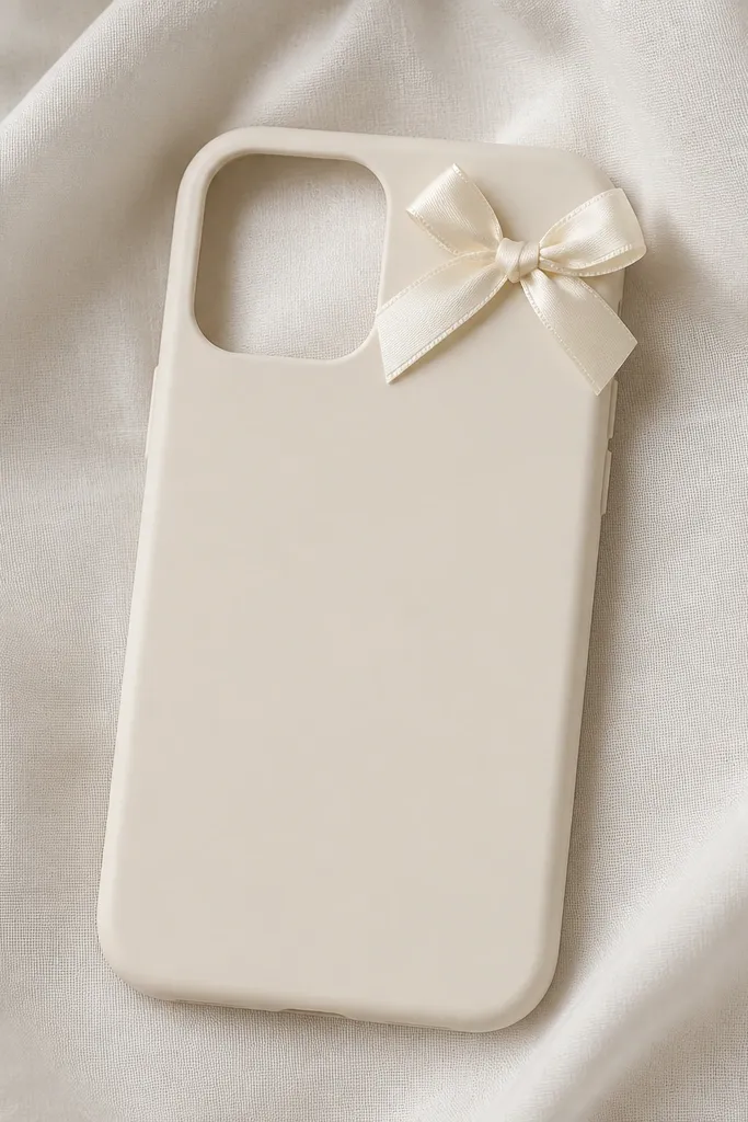 A cream phone case with a small satin ribbon bow in the top-right corner. The bow is tied neatly with two loops and a short tail, and the rest of the case is clean.