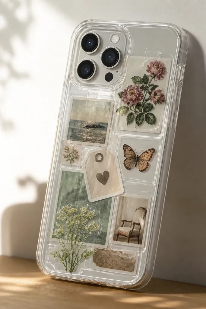 A clear phone case covered with layered stickers, each sticker framed by a transparent tape border. The stickers look organized and the edges are clean under a glossy finish.