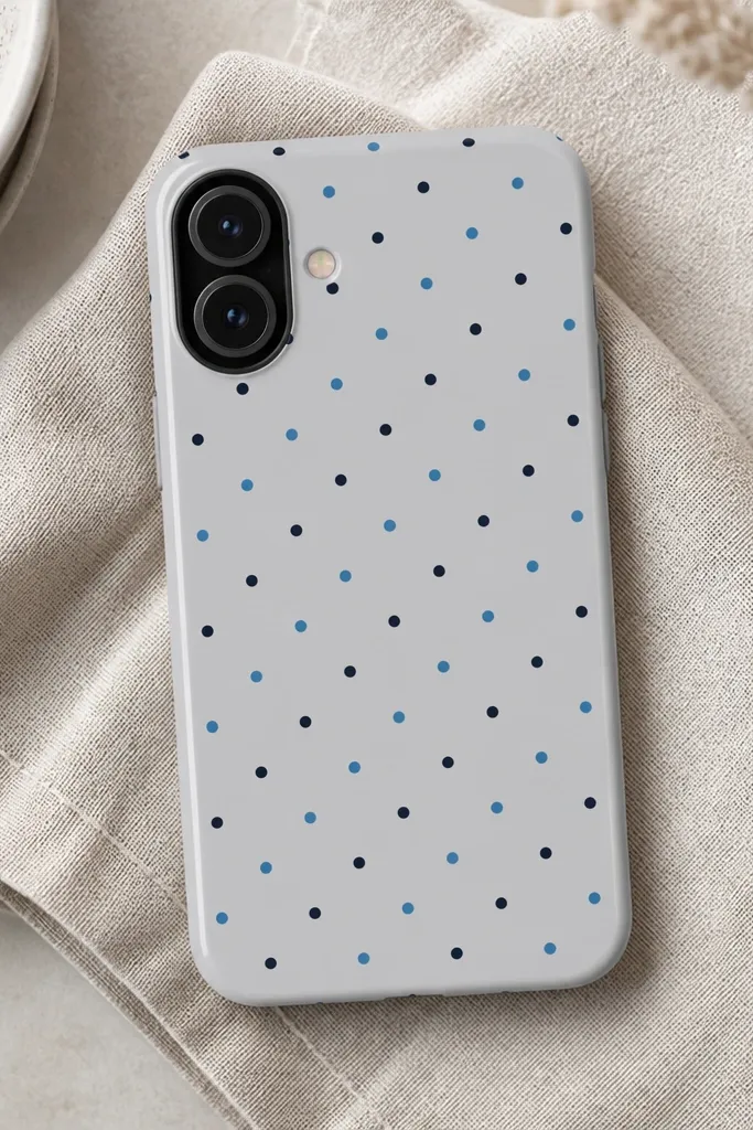 A light gray phone case with a neat grid of evenly spaced dots in navy and sky blue. The dots form a subtle diagonal pattern and the case has a glossy top layer.