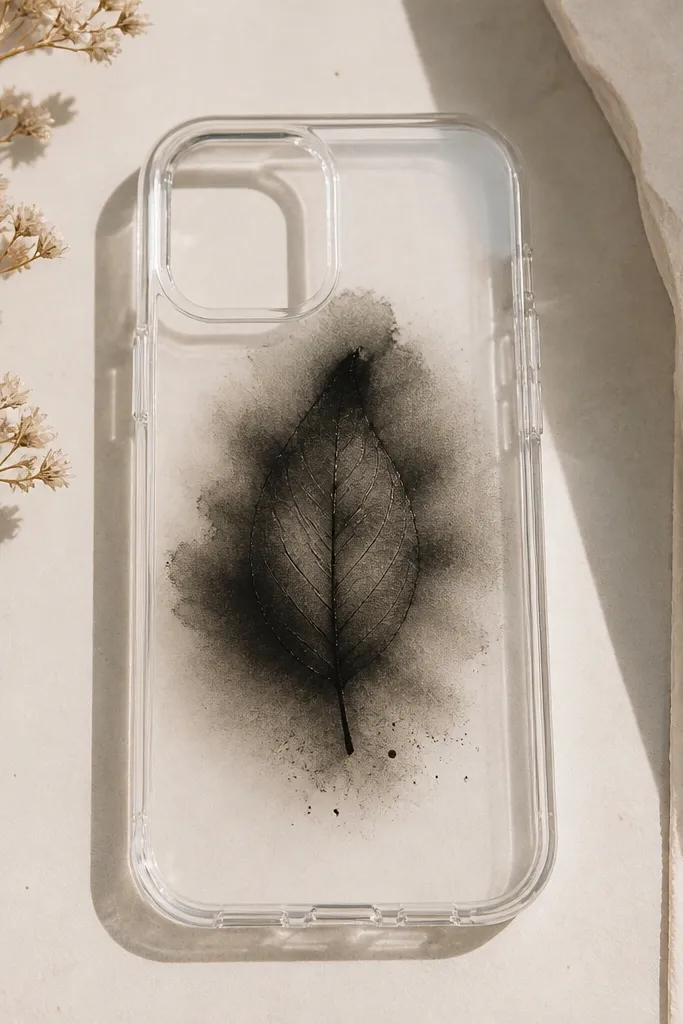 A clear phone case with a single pressed leaf silhouette in the center. Around it is a soft black ink wash that fades outward like a watercolor shadow.