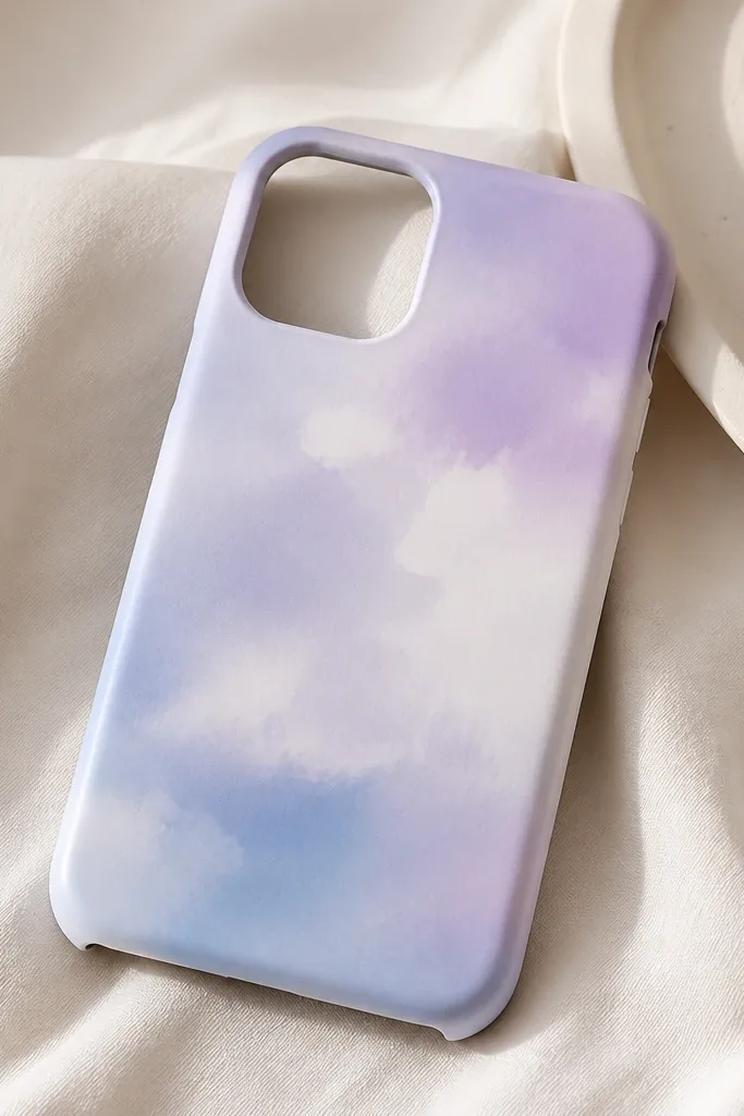 A pastel phone case with a soft cloud-like gradient in lavender, white, and light blue. The surface looks slightly chalky at first, then sealed and smooth.