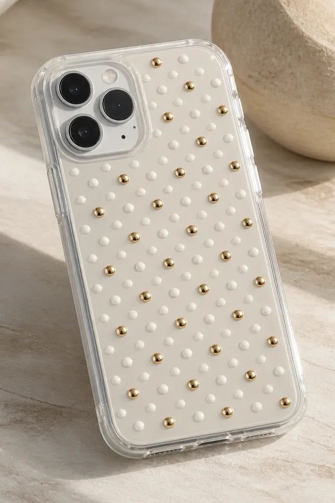 A glossy clear phone case with raised dimensional dots in white and gold arranged like a pattern. The dots catch light and create small 3D highlights.