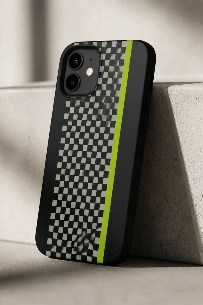 A black phone case with a small checkerboard pattern in white. A single vertical stripe in bright lime runs through the design, and the rest stays matte.