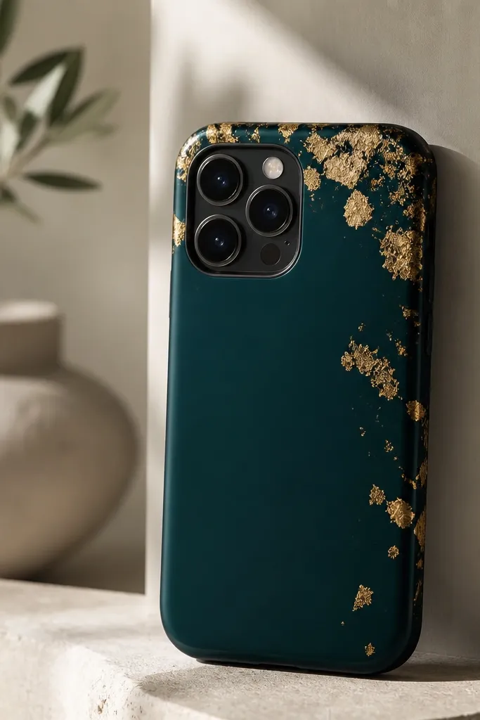 A dark teal phone case with small torn gold foil leaf accents near the top and around one side. The foil looks thin and reflective, with a smooth clear finish.