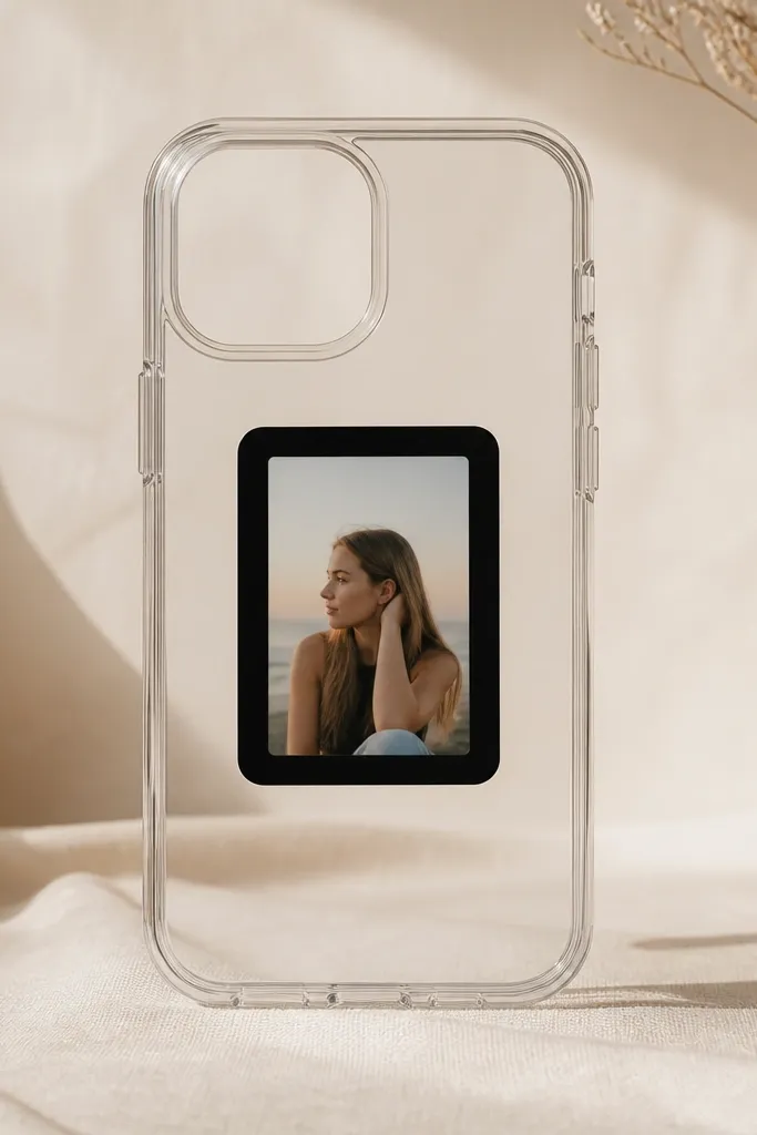 A clear phone case with a small portrait photo in the center. A vinyl frame in matte black surrounds the photo, and the edges look sealed and clean.