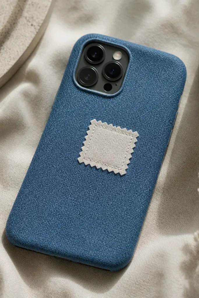 A denim-blue phone case with a small fabric patch sewn-looking in white with tiny zigzag edges. The patch sits slightly off-center and the finish is matte and soft.