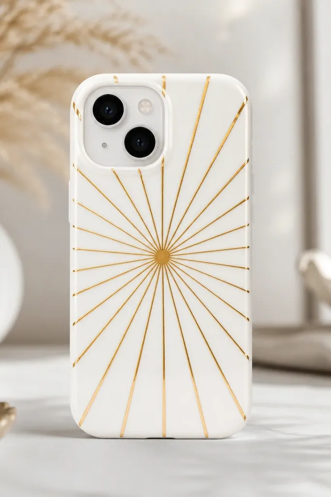 A white phone case with gold foil strips radiating outward from the center in a sunburst pattern. The strips are evenly spaced and sealed under a clear gloss layer.