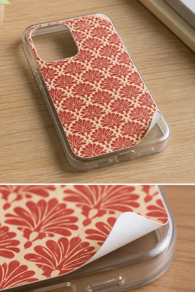 A clear TPU phone case blank on a desk with a sheet of patterned red-and-cream laminated vinyl laid over it. The vinyl edges are trimmed but show a slight lift at two corners, and the photo includes a close-up of the corner where the film starts to lift.